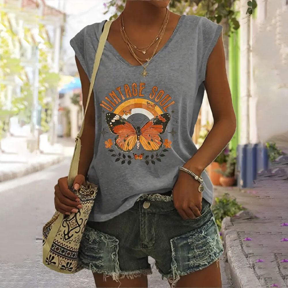 Women's V-Neck T-shirts Casual Fashionable White Sleeveless Vest 3d Sunflower Print Basic Tops Simple Style Summer Tees Shirts