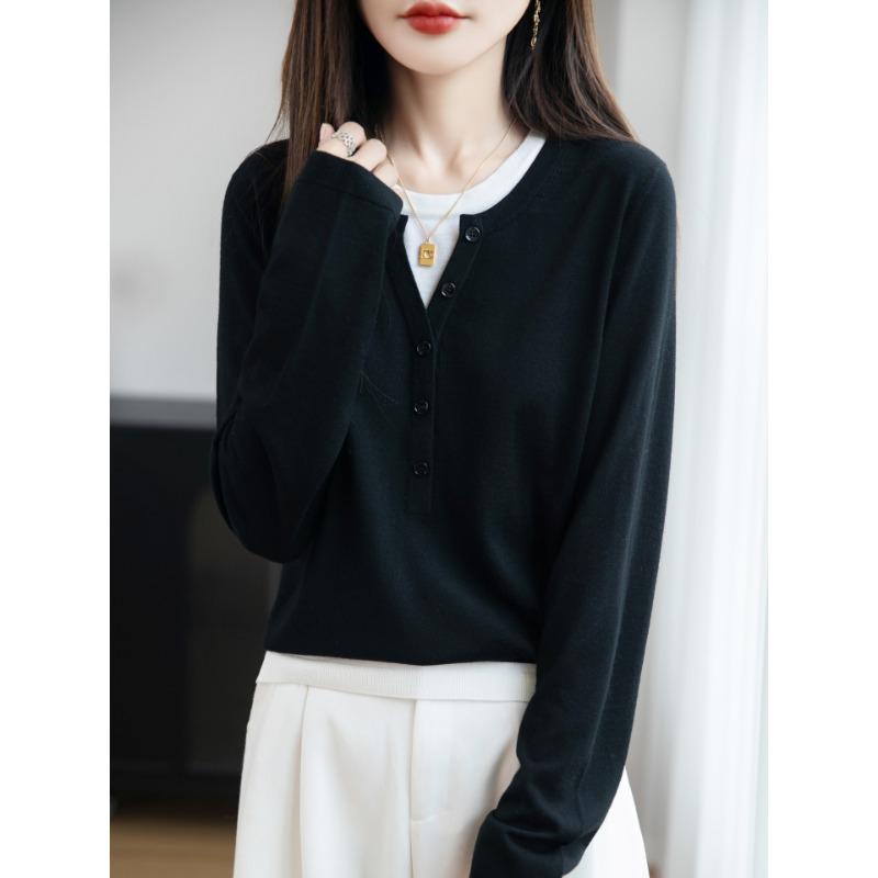 Autumn Winter Round Neck Fake Two Pieces Patchwork Sweater Women Casual All-match Pullover Knitting Top