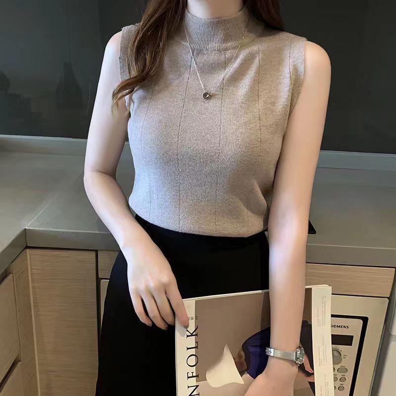 Korean Fashion Ladies Tops Women Tops Casual Clothes Sleeveless Solid Women Blouse Knit Elastic Blusas