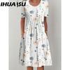 IHUASU 30 Color Pleated Midi Dress Short Sleeve Round Neck Loose Hem Mid-Calf Length Women Floral A-Line Party Dress Casual Wear