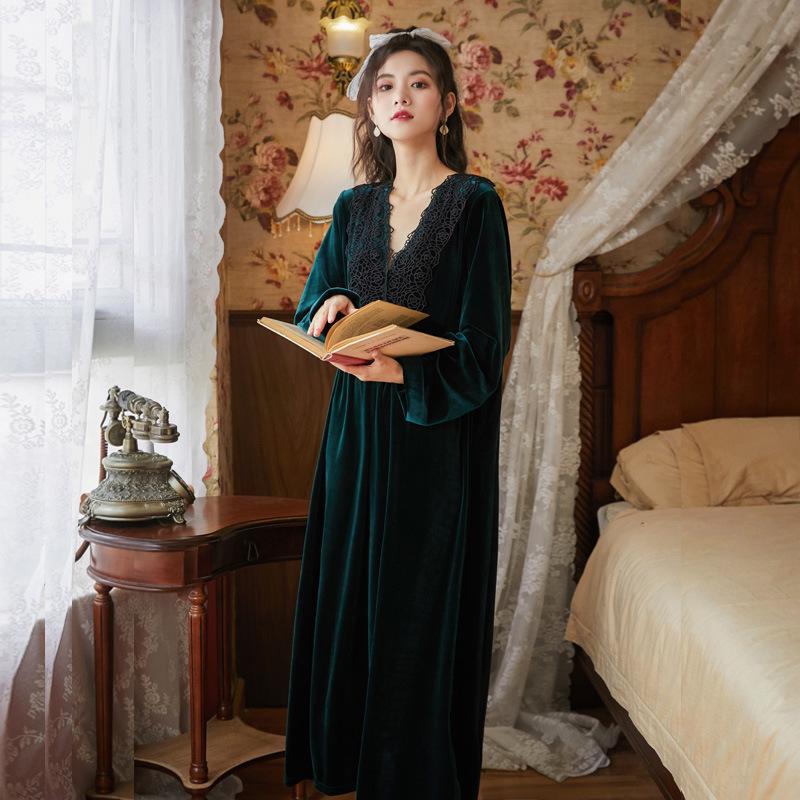 Court Style Women's Long Sleeve Nightgown - Spring/Autumn/Winter, Warm Black Pajamas, Slim Fit, Plus Size Homewear