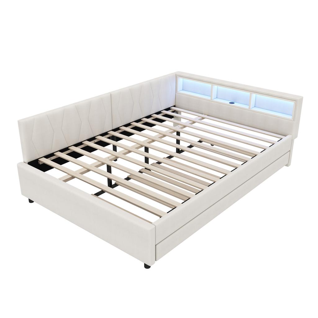 Daybed, 140x200cm, Storage Compartment on Bed, USB+Type C, With LED Light Strip, Pull-out Bed, Slatted Frame (without Mattress), Linen, Beige