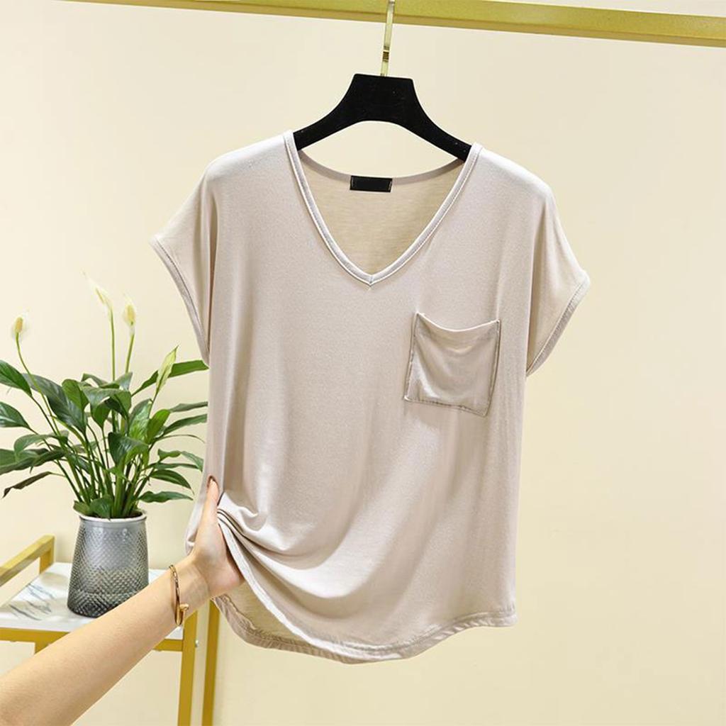 Women's Loose Casual V-neck Pocket Short Sleeved T-shirt For Summer Thin Cut Single Top Solid Color Inner Layer Bottom Layer