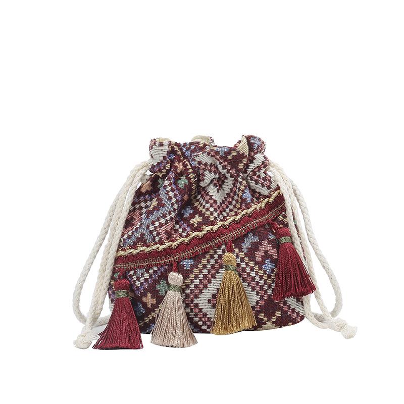 Ethnic Style Women's Tassel Drawstring Crossbody Bag