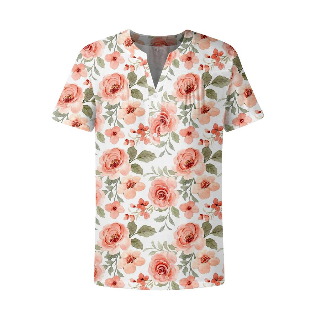 Women's Casual Floral Print V-Neck Short Sleeve Decorative Button T-Shirt Top