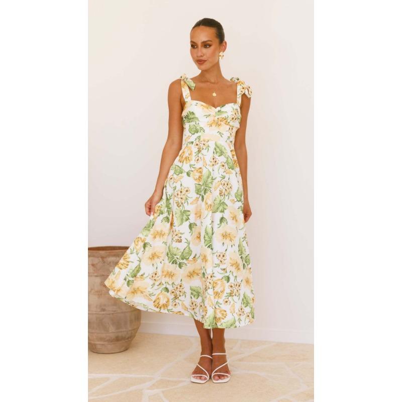 

YYFS Женская мода Лето Весна Цветочный узор Принт Без рукавов Подтяжки Высокая талия Повседневные платья S