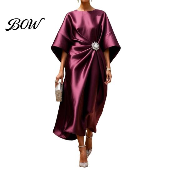 Damen Outfit Satin Fledermausärmel Maxikleid, Strassstein Akzent Rundhalsausschnitt Langer Faltenrock Damen Abendparty A-Linie Formell Hochzeitsgast