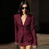 Oymimi Moda Conjunto de Duas Peças Cor Vinho para Mulheres Elegante Blazer de Manga Longa de Botão Único e Conjuntos de Saias Mini Simples Justas