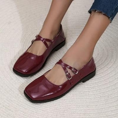202 New Women Shoes Retro Flat Heeled Ballet Shoes for Woman Square Toe Cross Strap Mary Jane Red Single Shoes Zapatos De Mujer
