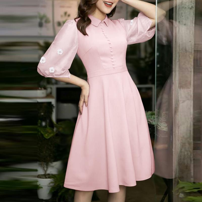 ZANZEA Women Summer Turn Down Collar Floral Half Sleeve Casual Dress