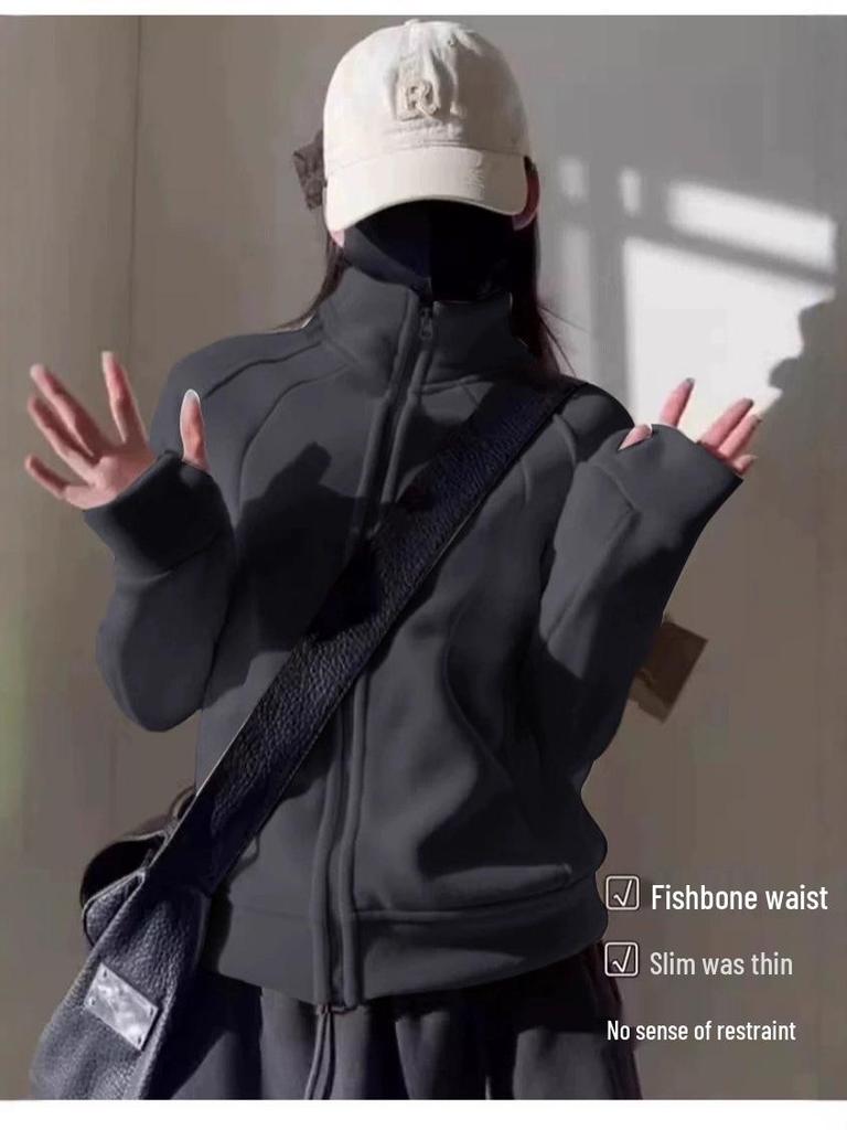 Damen Schwarze Fleecegefütterte Slim Fit Windjacke, Herbst/Winter 2025, Stehkragen, Normale Schulter.