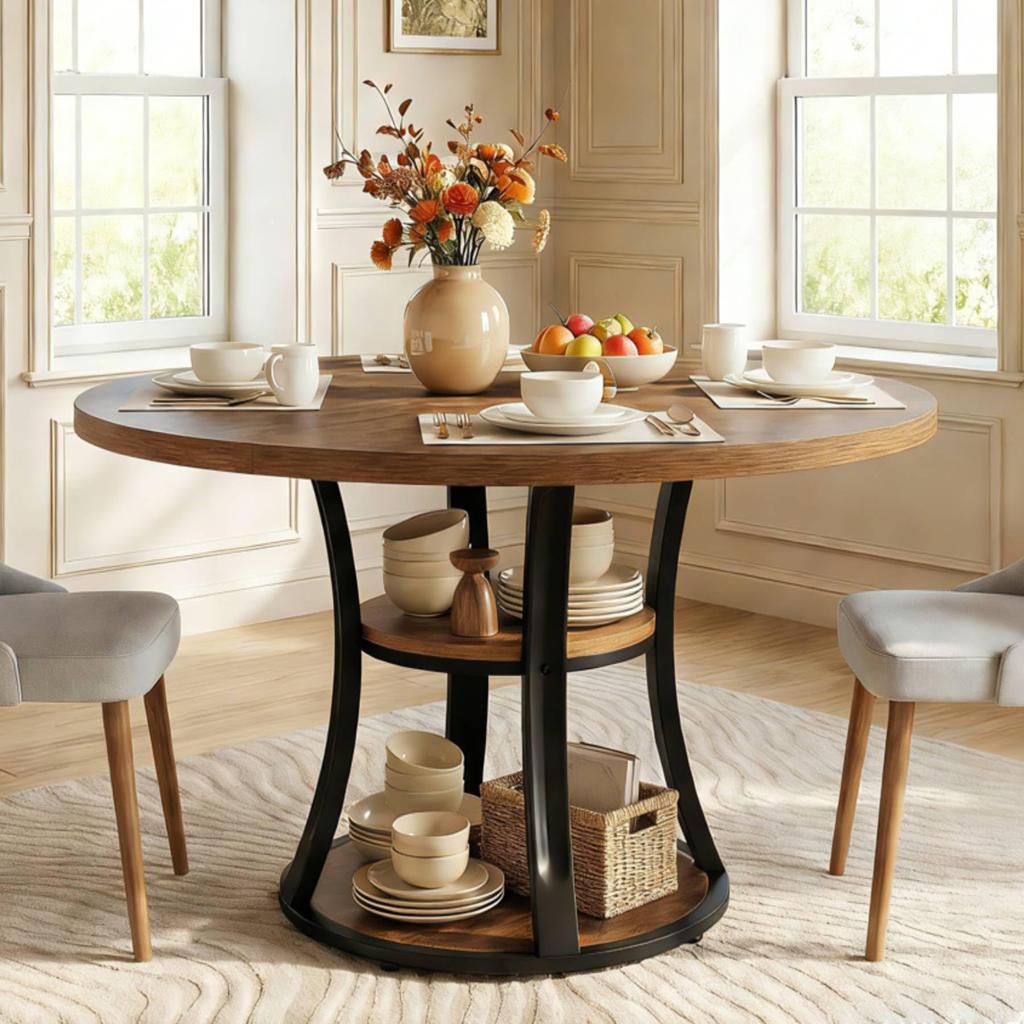 Tribesigns 39-Inch Round Dining Table for 4, Farmhouse Kitchen Table with 2-Layer Storage Shelf and Metal Base Dining Room