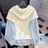 Striped Fake Two Piece Women's Hoodie Half Zip Splicing Long Sleeved Hooded Drawstring Famale Pullovers Autumn New Fashionable Loose Ladies Top