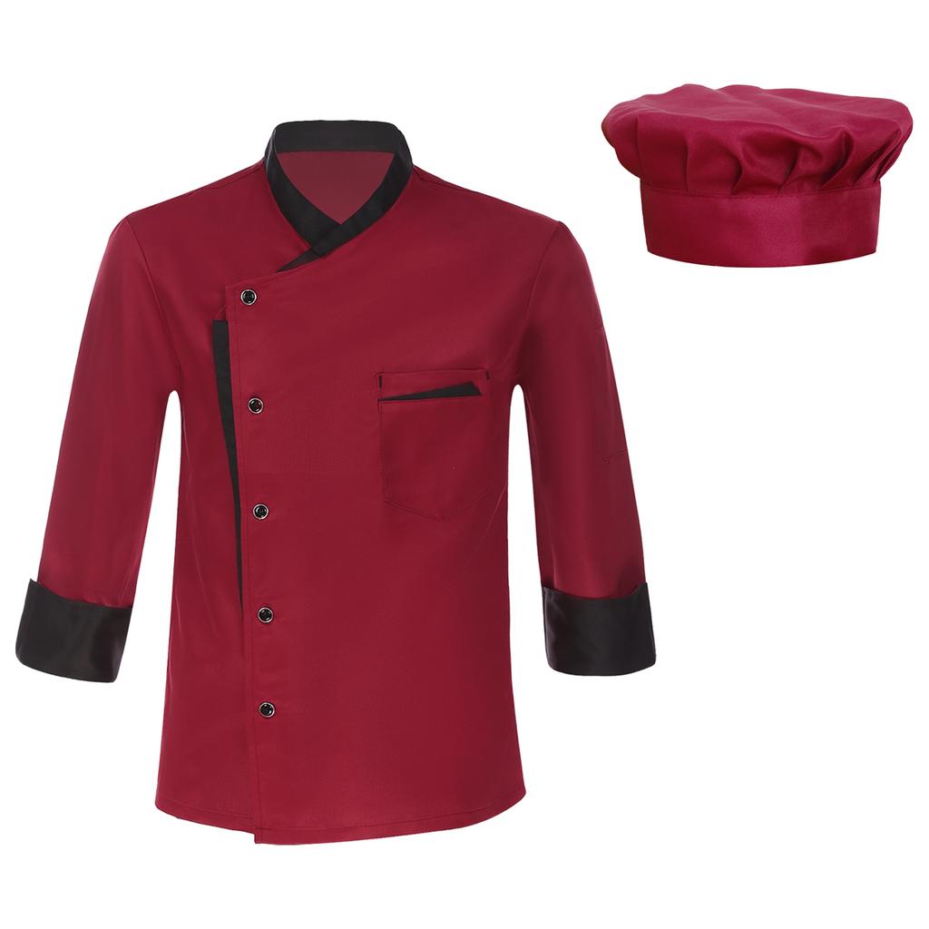 Veste de chef à manches longues unisexe couleur contrastée manteau de cuisine professionnel uniforme de cuisinier restaurant hôtel avec chapeau amovible