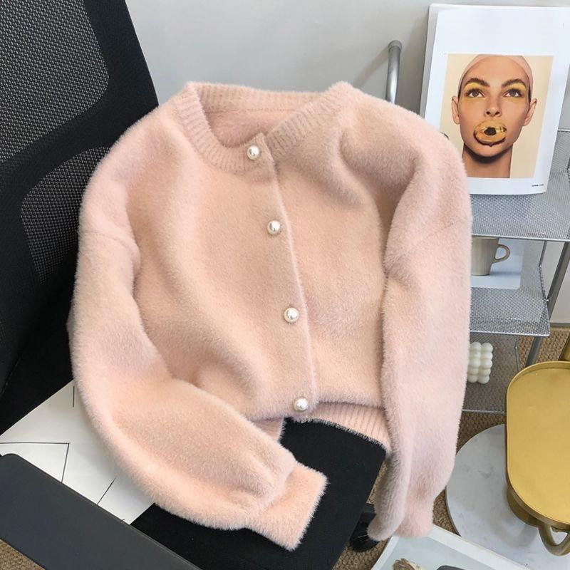 Spring Autumn Women's Mink Fleece Cardigan Sweater Casual Solid Color Plush Knitted Jacket