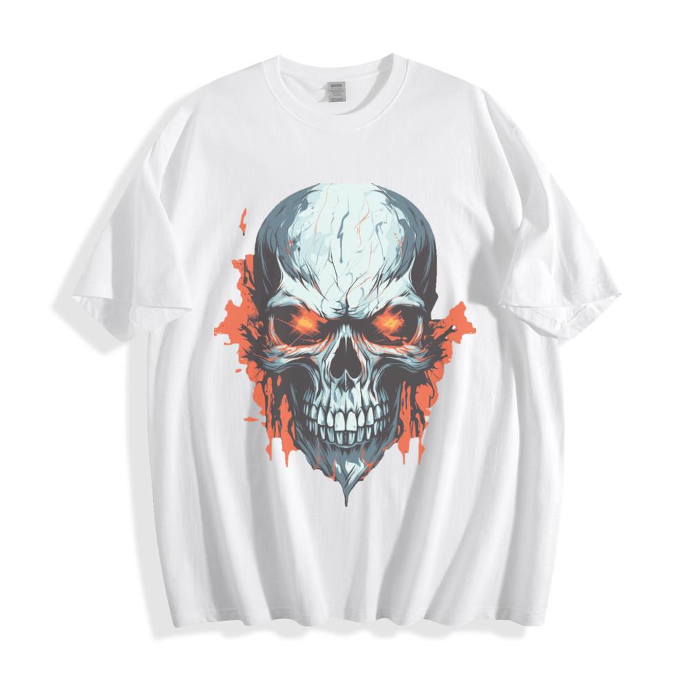 

Fierce Inferno Skull T-Shirt - Glowing Eyes and Red Splash Design Unisex Tee S