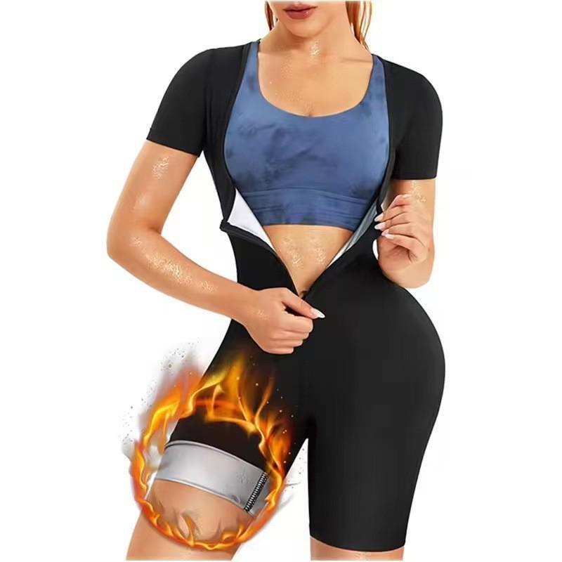 Women's Short Sleeve Sauna Sweat Suit with Tummy Control Waist Belt