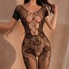 Mesh Floral Print Bodystocking Short Sleeve Erotic Underwear Set Off Shoulder Crotchless Lingerie Women Sexy Hollow Open Bra Set