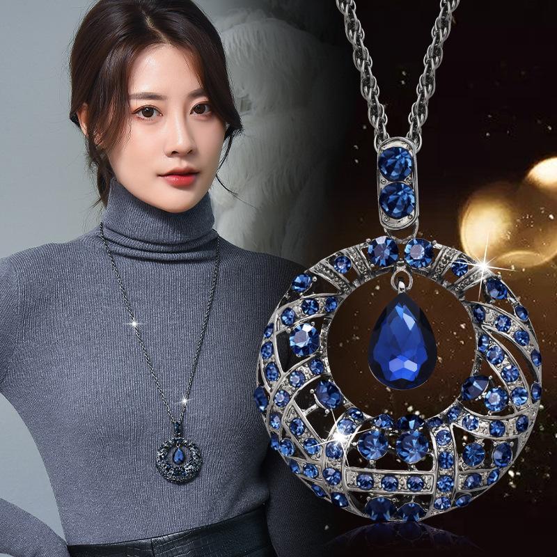 Niebieskie Kropelki Wody Okrąg Długi Łańcuszek Naszyjniki dla Kobiet Vintage Kryształowe Geometryczne Naszyjniki Biżuteria Collier Femme Prezent na Imprezę