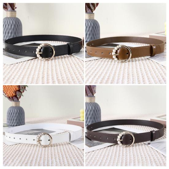 Imitation Leather Women Belt Faux Pearls Pin Buckle Adjustable Holes Design Waistband Versatile Fashion