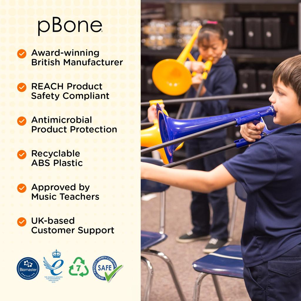 pInstruments pBONE Tenor Trombone In Plastic Wind Made of Lightweight and Durable ABS with Antibacterial Black Mouthpiece and Carrying Bb, Instrument,