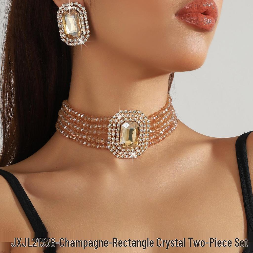 Set Colier Choker Geometric Rectangular din Sticlă de Cristal Multistrat de Lux și Cercei