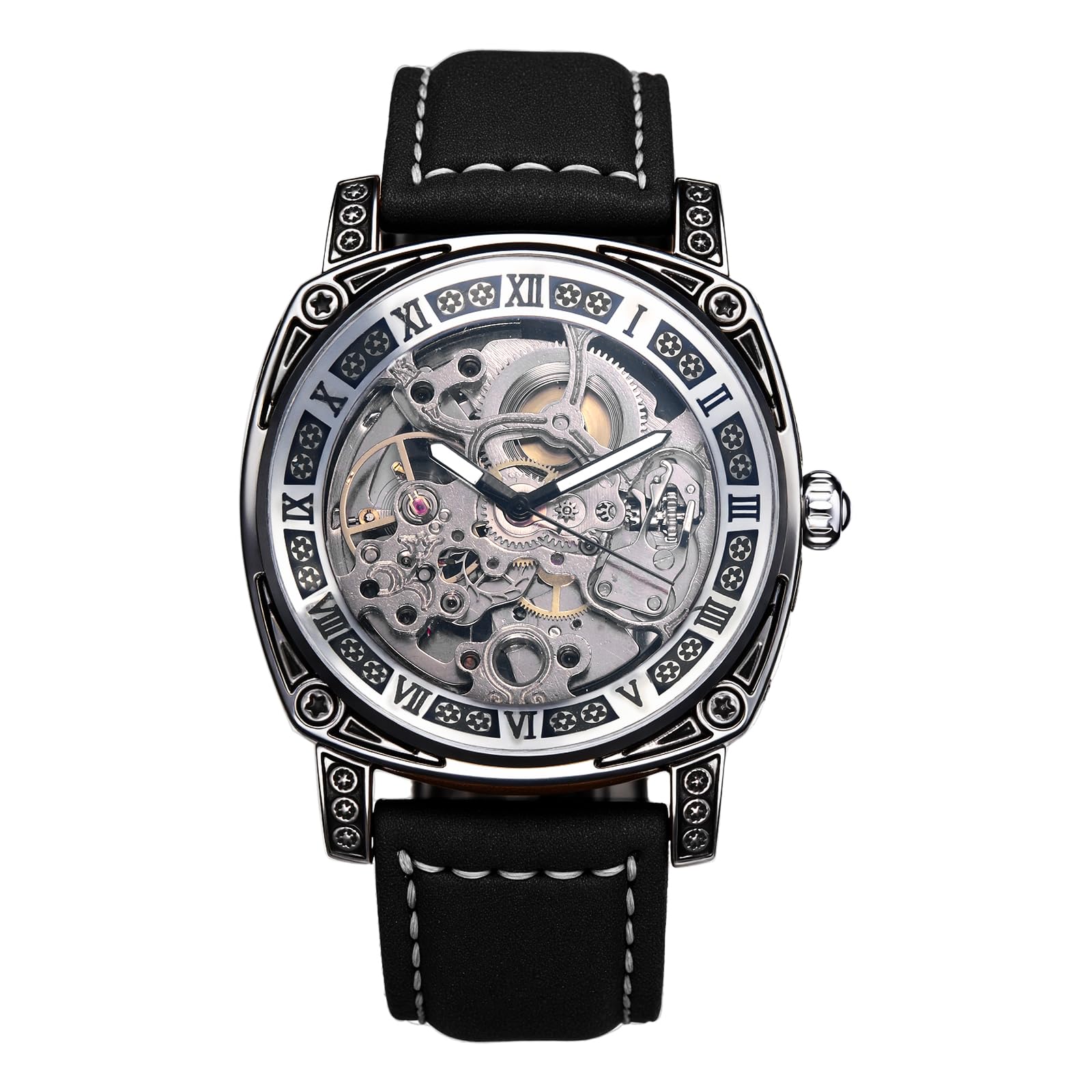 

Чоловічий автоматичний скелетний годинник зі шкіряним ремінцем: Римські цифри, Аналоговий дисплей, Водонепроникність 3 АТМ, Стильний аксесуар для дозвілля та