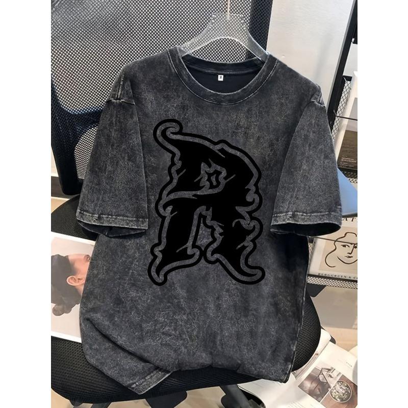 

Vintage Distressed Wizard Hat Letter R Printed T-shirts, American Streetwear Vintage Crew Neck Washed Short-sleeve Tops, Suitable for Holidays 5XL чорний