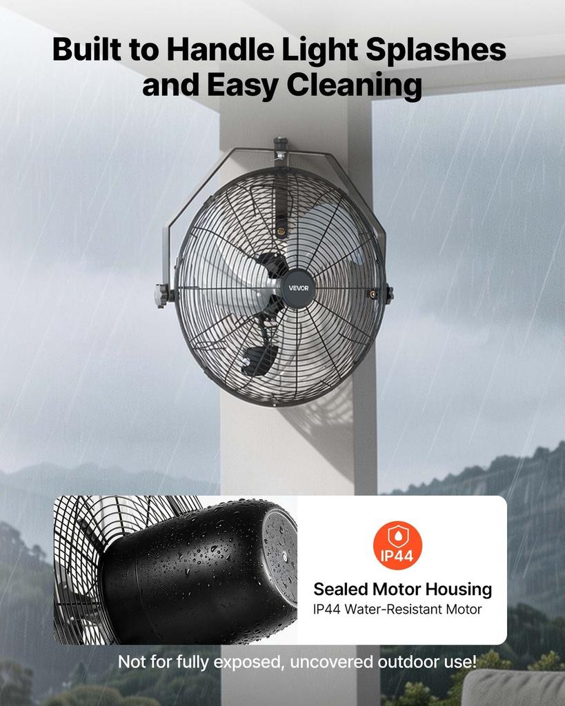 Wall Mount Fan, 450 mm Wall Mounted Hanging Fan with IP44-rated Protection, 3-Speed, Long Airflow Distance, Adjustable Rotation Angle, Powerful for