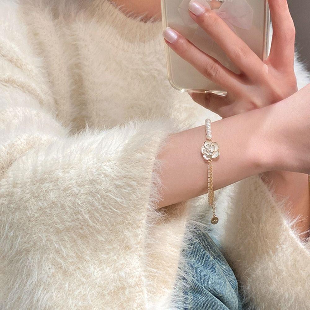 Baroque Style Beads Bangle Double Layer Camellia Flower Bracelets Fashion Pearl Bracelet  Ladies