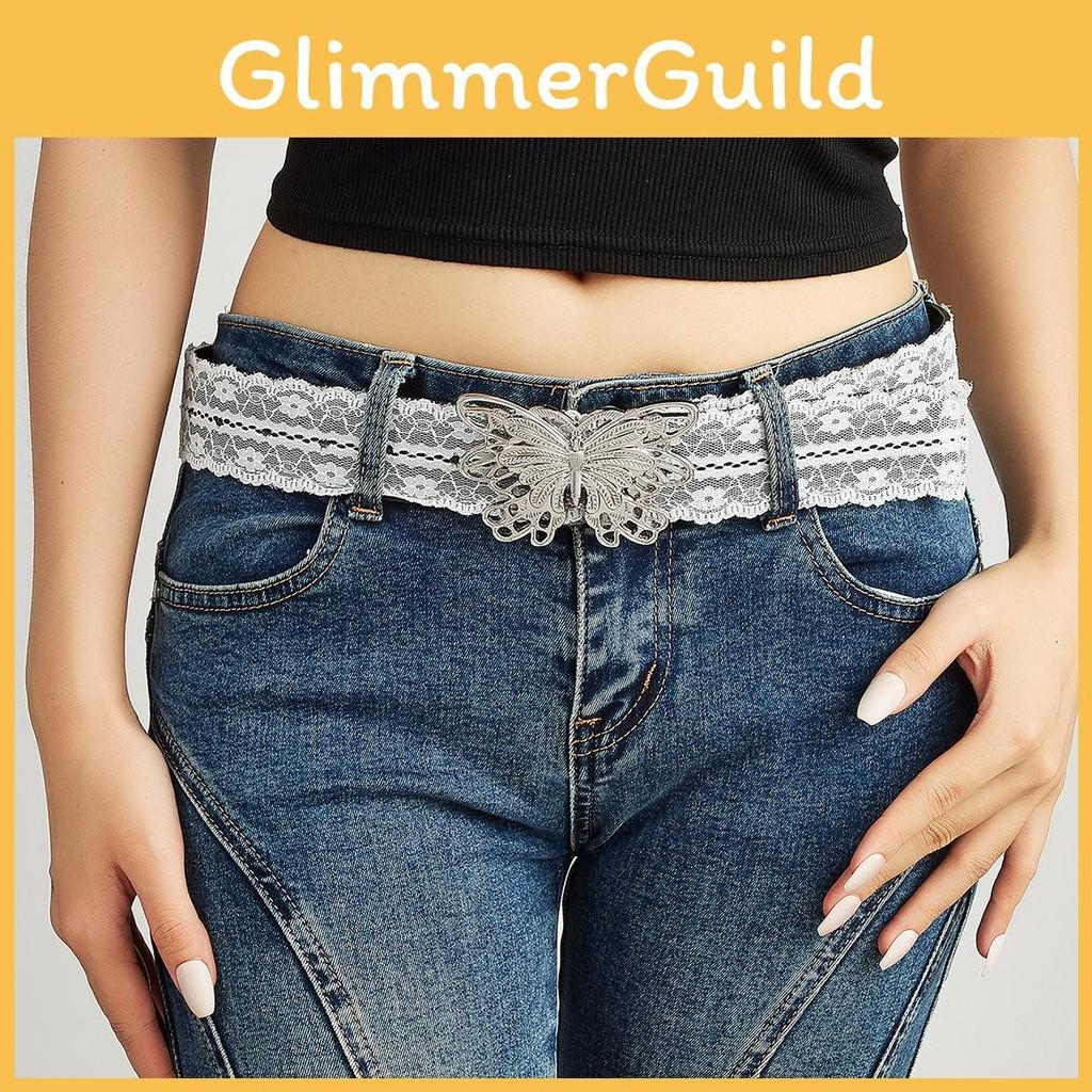 Fashionable Butterfly Silver Buckle Decor Women Casual White Lace Belt Waist