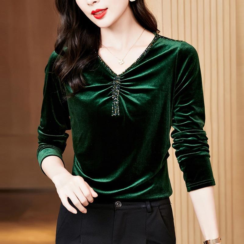 Velvet V-neck Spring and Autumn New Long-sleeved Tops Fashionable Tops for Women