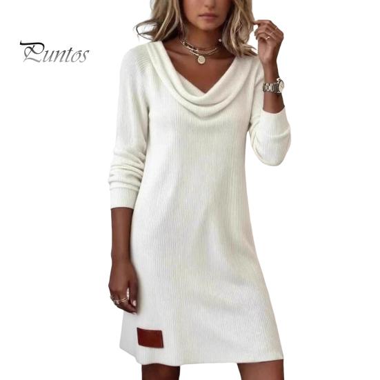 Damen Mode Kleid Rollkragen Strick für Damen, Langarm Gerippt Mittellang Locker Mini Pulloverkleid, Lässige Herbst Frühling Outfits S weiß