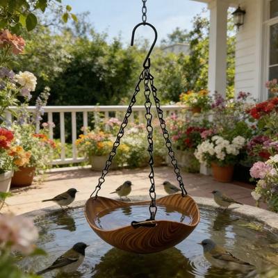 Hanging Bird Bath Imitation Wood Grain Plastic Bowl with Metal Chains Rustic Bird Bath Feeder Bowl for Multiple Birds Outdoor Garden Backyard Decor