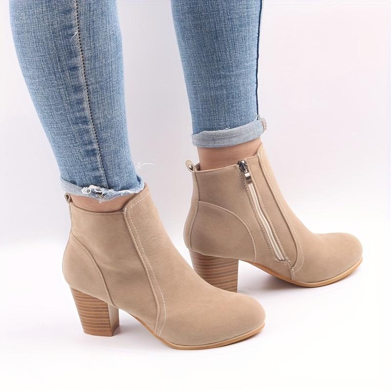 Beige Women's Round Toe Side Zipper High Block Heel Ankle Boots - Cover-Like Fabric Upper, Comfortable Thick Heel  Platform, Durable Rubber Sole