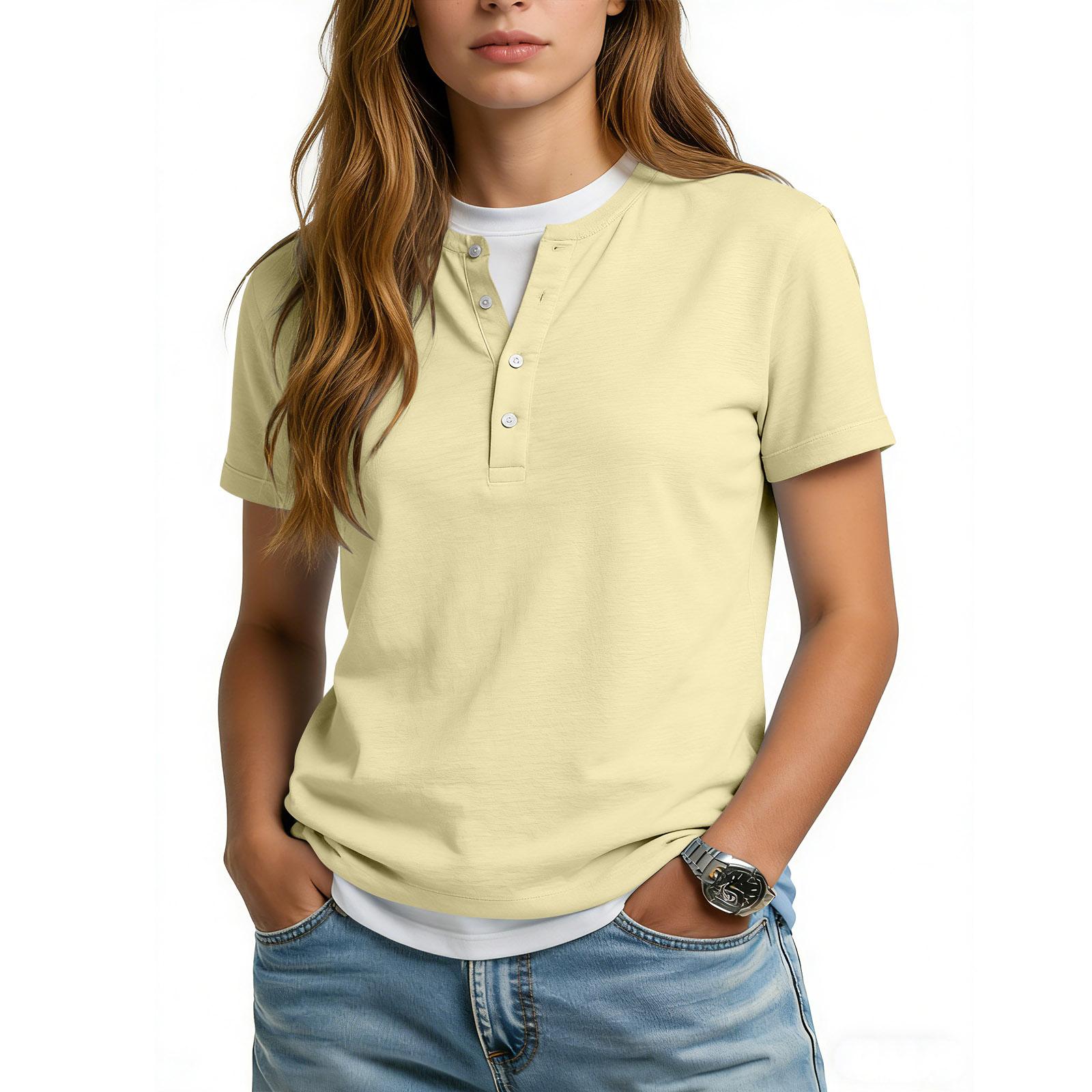 

Women’s Short Sleeve Henley T Shirt Casual Loose Fit Button Down Crew Neck Soft Cotton Top for Everyday Wear L бежевый