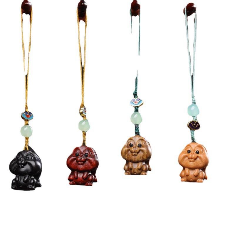 Green & Red Sandalwood, Ebony Elf Rabbit Phone Charm & Key Ornament DIY Accessory