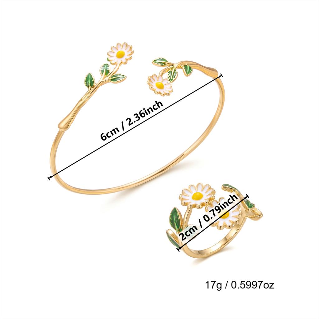 Women's Bracelet and Ring Set, Alloy Enamel Camellia Open Bracelet and Ring Set