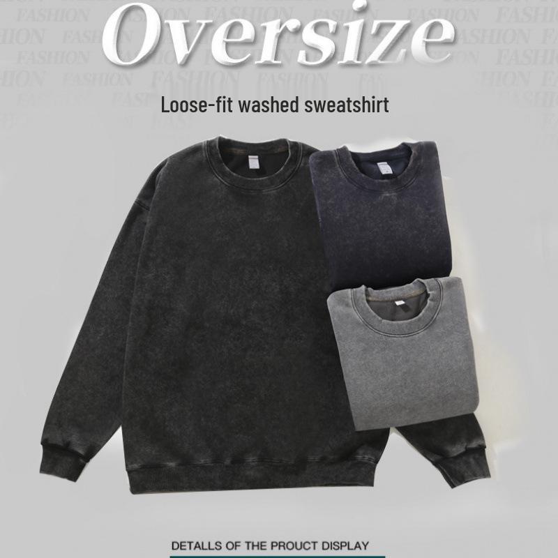 New 350g heavy-weight distressed round neck sweatshirt with snowflake print, European and American loose fit, long-sleeved