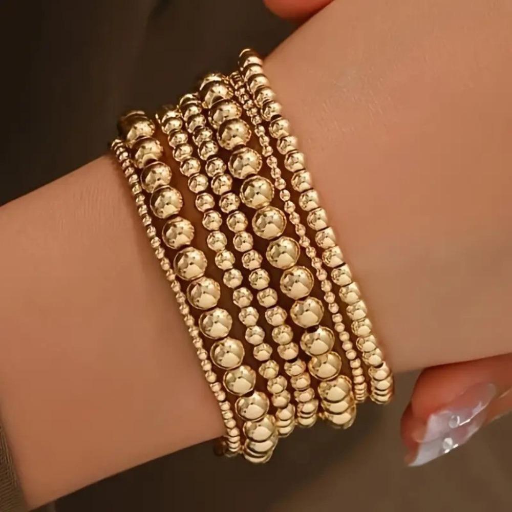 

7PCS Golden Bead Bracelet Set for Women Flexible Stretch Fit, Minimalist Beaded Bangles Elegant Daily & Party Zircon Accessory золотий