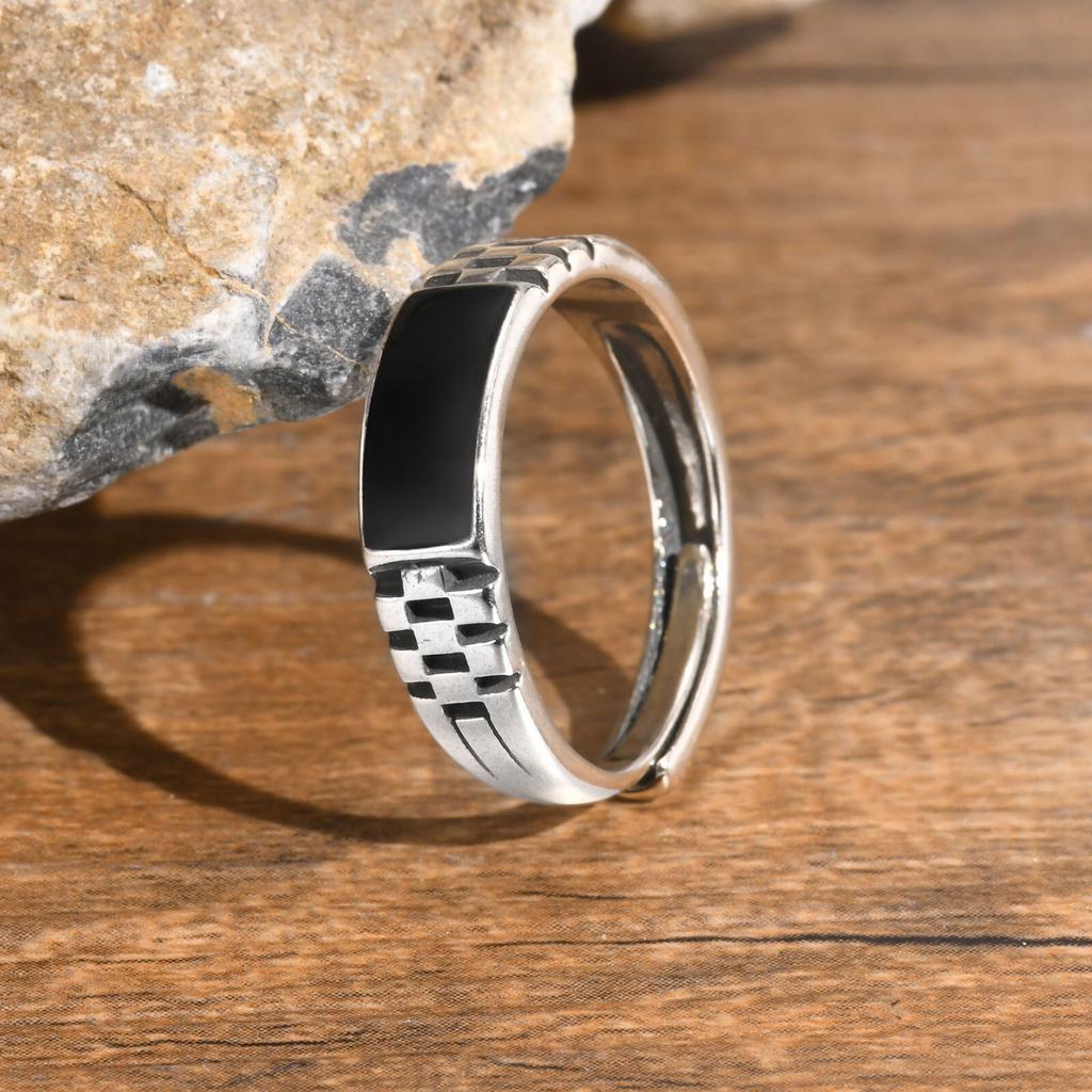 Vnox Herren Offene Ringe, Schwarzer Emaille Siegelring, Uhrenarmband Gerillter Fingerring, Verstellbarer Schmuck