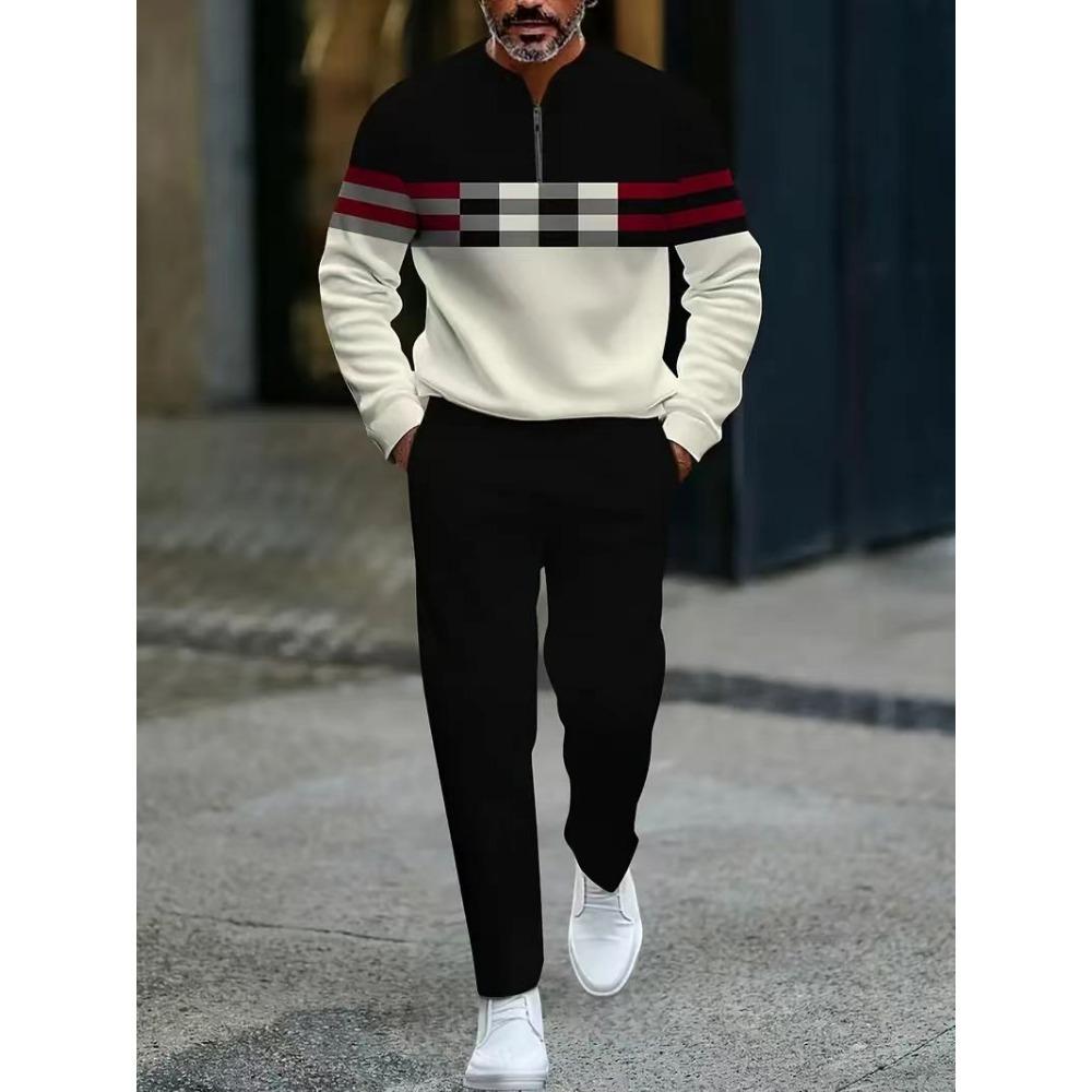 Spring Autumn 3D Printed Fashion Men's Long-Sleeved Sets Half-Zipper Stand-Up Collar Men's Casual Sportswear Two-Piece Set
