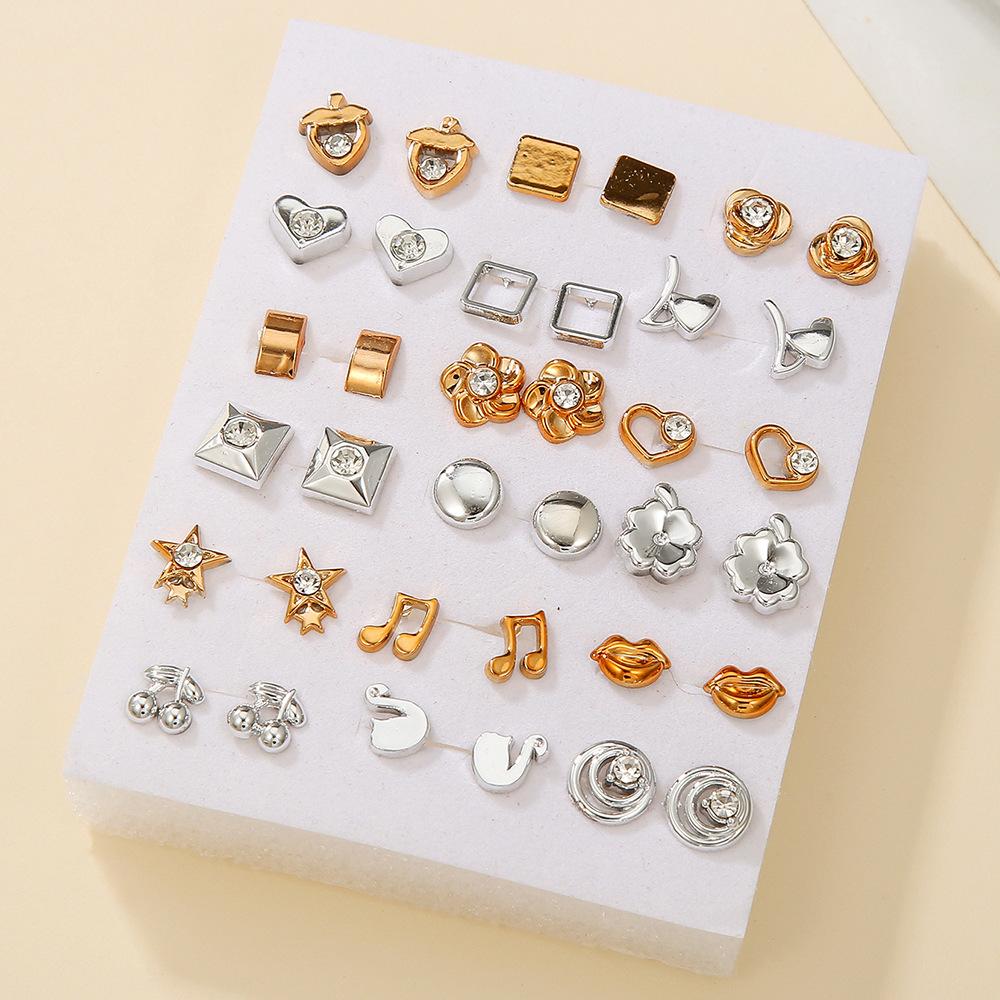 Popular 18 Pairs of Small Stud Earrings, Geometric Multi-pattern Cartoon Versatile Alloy Earrings