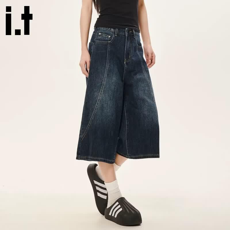 :CHOCOOLATEit Women's Retro Blue Wide-Leg Capri Jeans