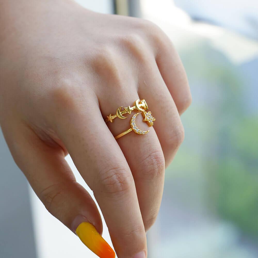 Zircon Star Moon Rings For Women Gold Adjustable Stainless Steel Moon Star Ring Wedding Aesthetic Party Jewelry Gift BFF