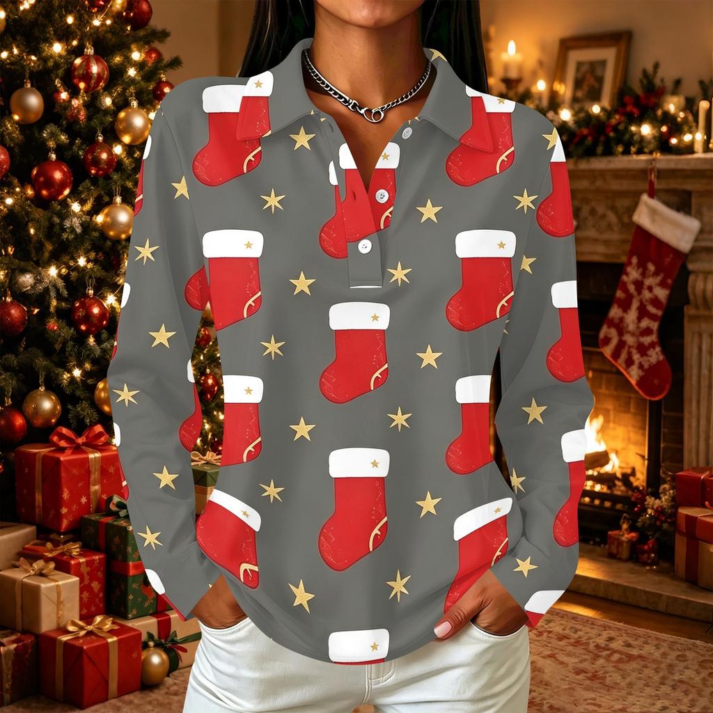 Women's Casual Christmas Print Long Sleeve Button Down Shirt with Lapel Collar and Side Slits