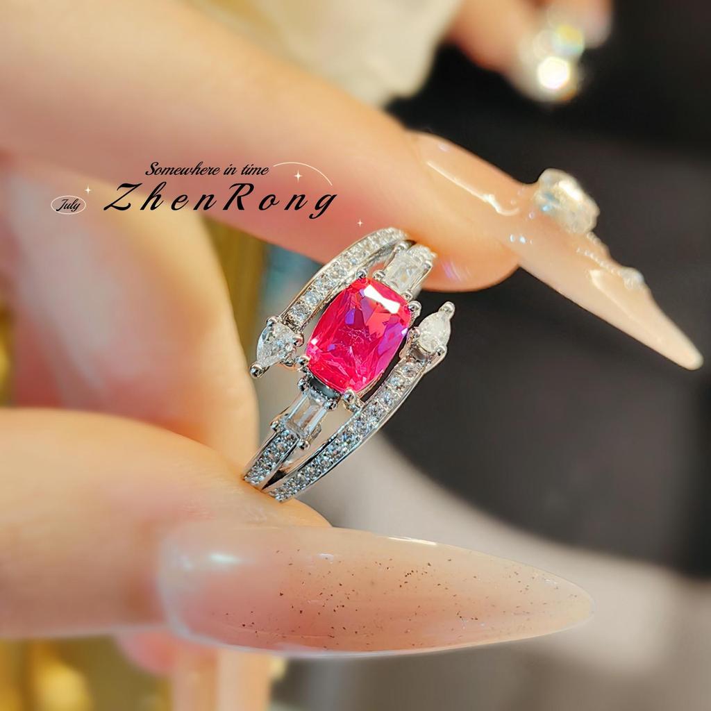 Red Corundum Ring: Light Luxury Niche Design with Simulated Pigeon Blood Red Diamond - Women's Engagement Jewelry