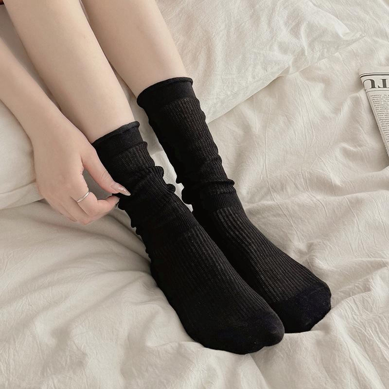 Women's Ballet-Style Japanese Mesh Socks: Sweat-Absorbent, Breathable, Ruffled Edge, Solid Color, Thin Slouch Style.