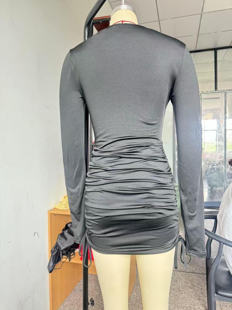 European Style Women's Elegant Drawstring Bodycon Waist-Cinching Long Sleeve Autumn Winter Dress