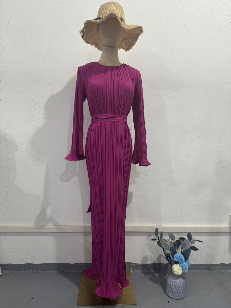 Pleated Maxi Dress Long Flared Sleeves Fitted Waist Elegant Women's Party Dress Casual Ankle-Length